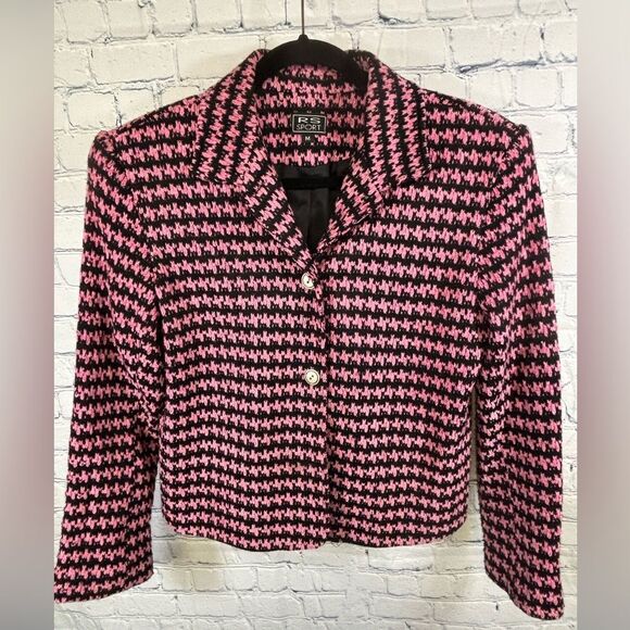 VINTAGE RK Sport Pink Black Cropped Academia Workwear 90s Houndstooth Blazer M - Picture 1 of 9